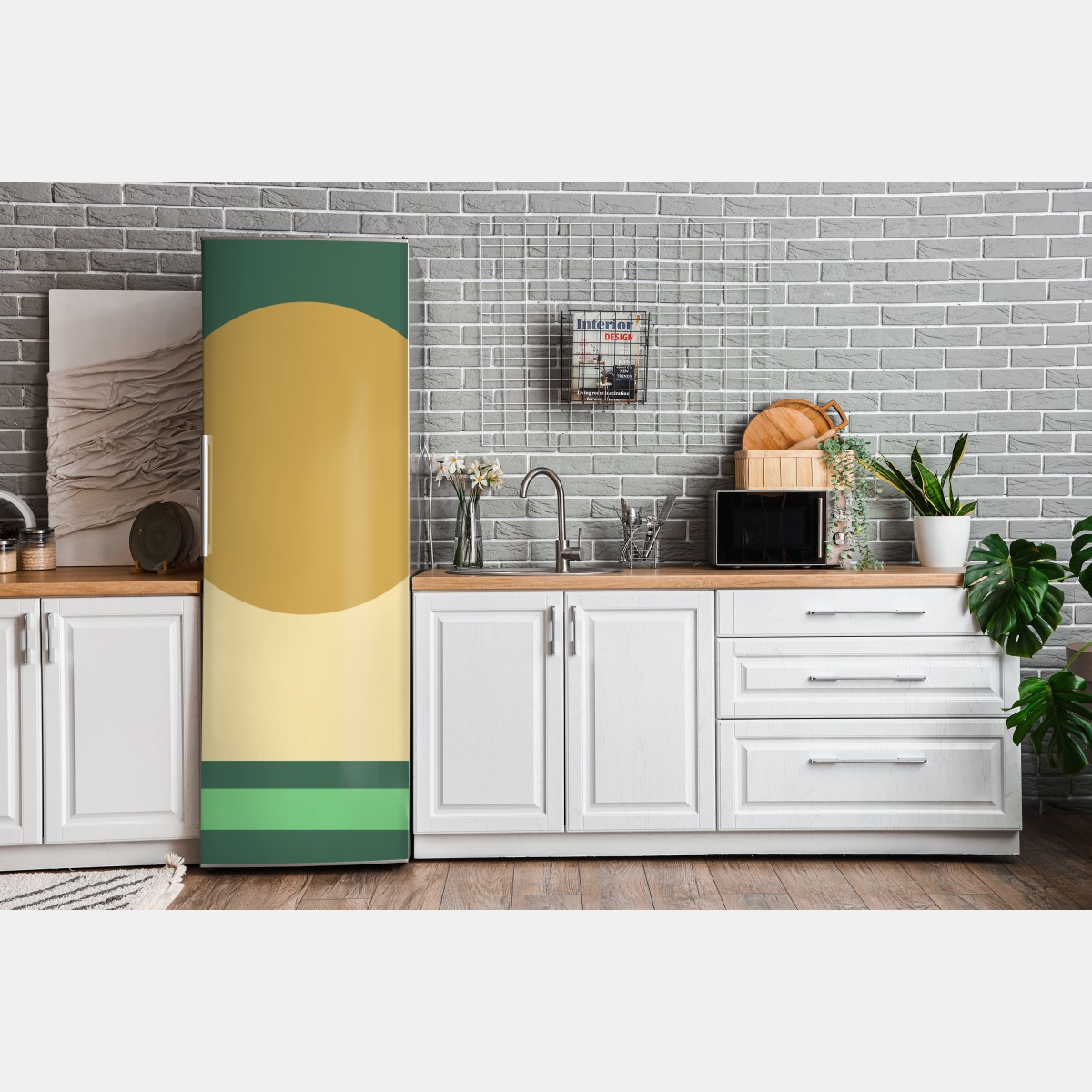 Naklejka na lodówkę złote słońce nad geometrycznym blokiem – Wallissimo® Naklejka na lodówkę złote słońce nad geometrycznym blokiem – Wallissimo®