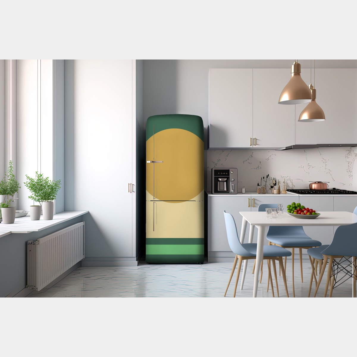 Naklejka na lodówkę złote słońce nad geometrycznym blokiem – Wallissimo® Naklejka na lodówkę złote słońce nad geometrycznym blokiem – Wallissimo®