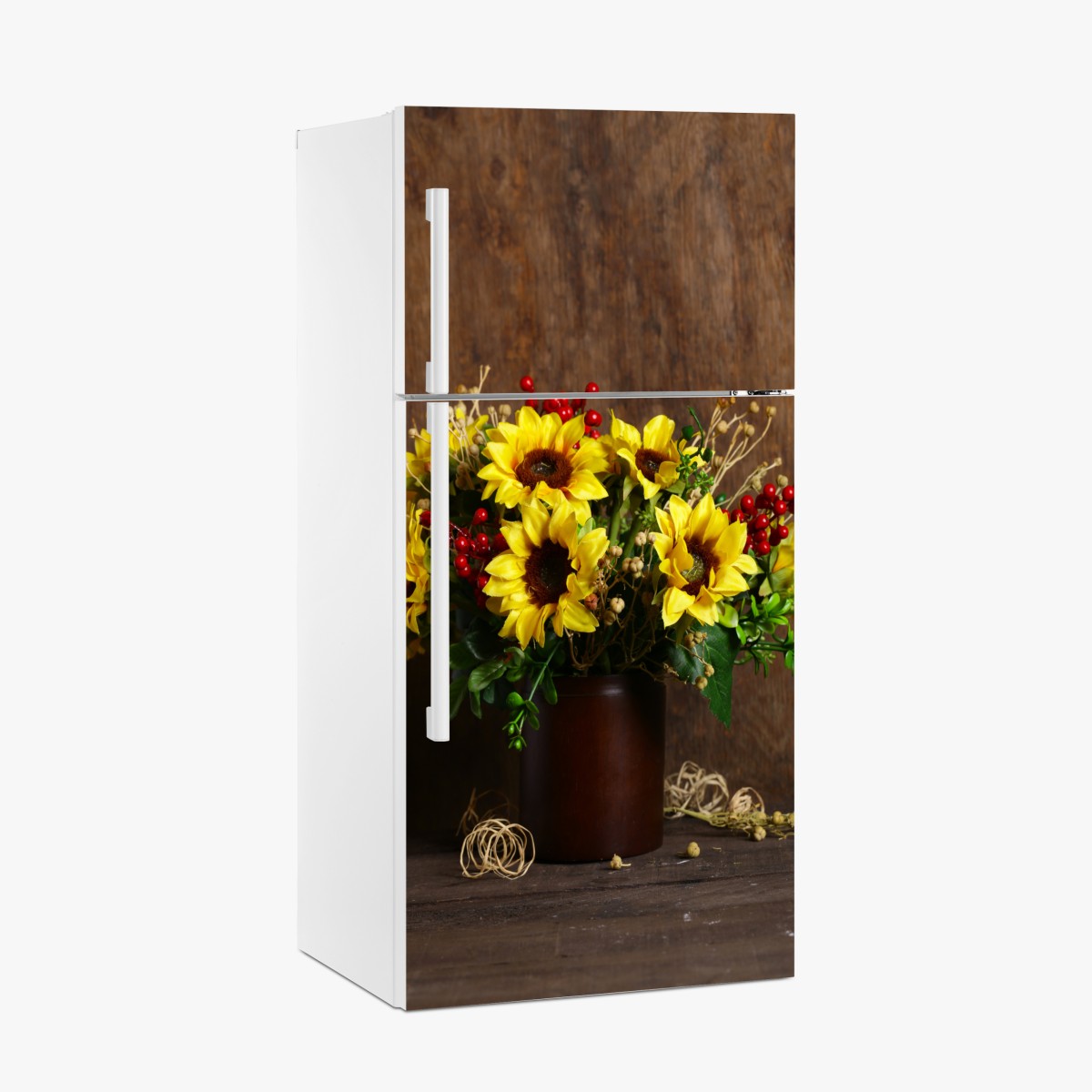 Fridge sticker autumn sunflower bouquet on wooden background – Wallissimo®