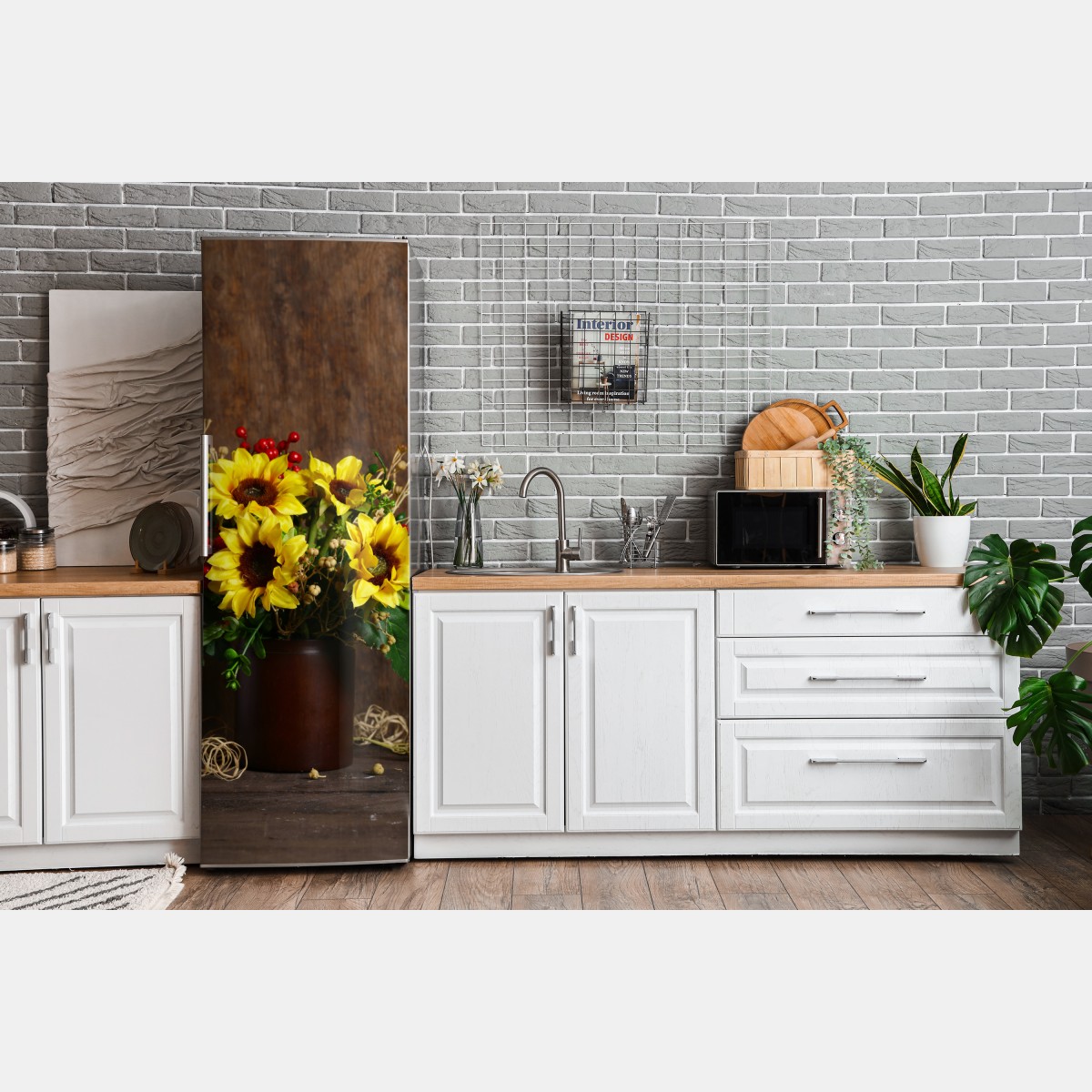 Naklejka na lodówkę jesienny bukiet słoneczników na drewnianym tle – Wallissimo® Naklejka na lodówkę jesienny bukiet słoneczników na drewnianym tle – Wallissimo®