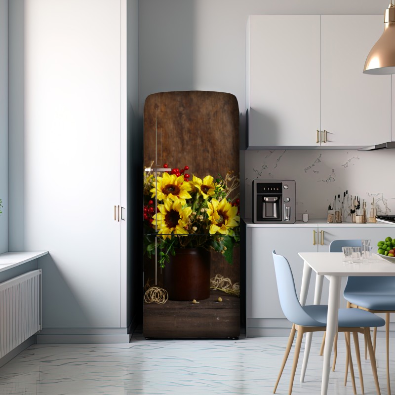 Naklejka na lodówkę jesienny bukiet słoneczników na drewnianym tle – Wallissimo® Naklejka na lodówkę jesienny bukiet słoneczników na drewnianym tle – Wallissimo®