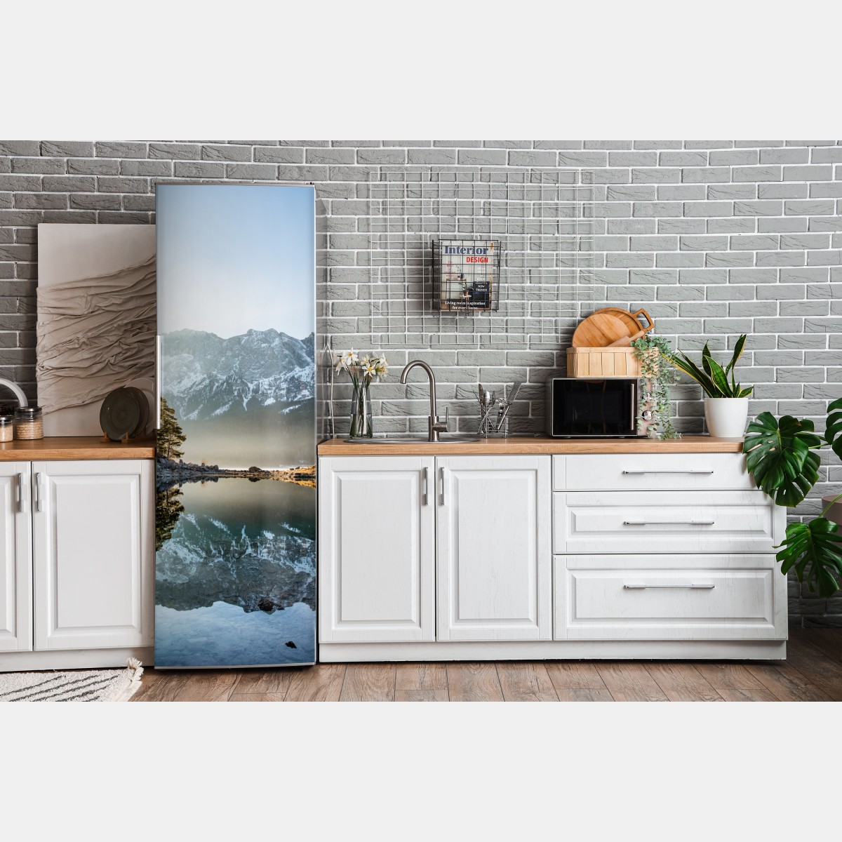 Naklejka na lodówkę odbicie górskie na jeziorze o poranku – Wallissimo® Naklejka na lodówkę odbicie górskie na jeziorze o poranku – Wallissimo®