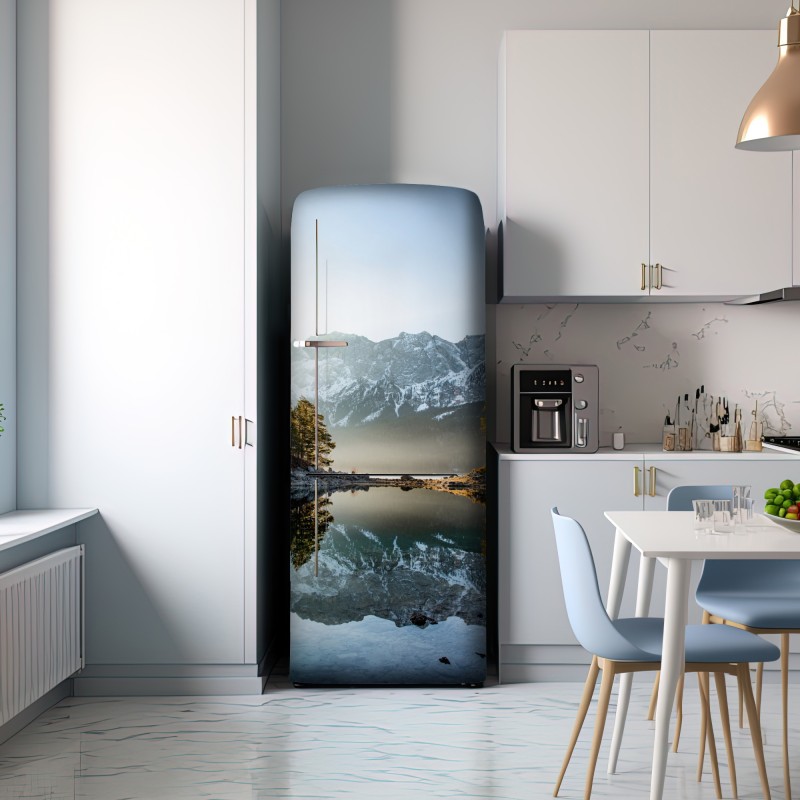 Naklejka na lodówkę odbicie górskie na jeziorze o poranku – Wallissimo® Naklejka na lodówkę odbicie górskie na jeziorze o poranku – Wallissimo®