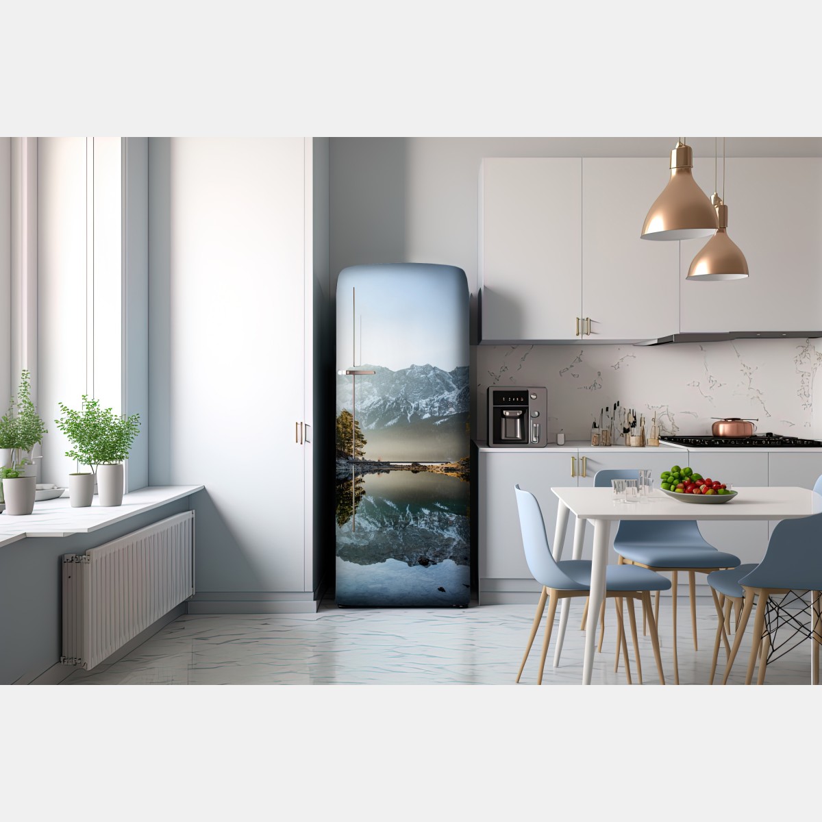 Naklejka na lodówkę odbicie górskie na jeziorze o poranku – Wallissimo® Naklejka na lodówkę odbicie górskie na jeziorze o poranku – Wallissimo®