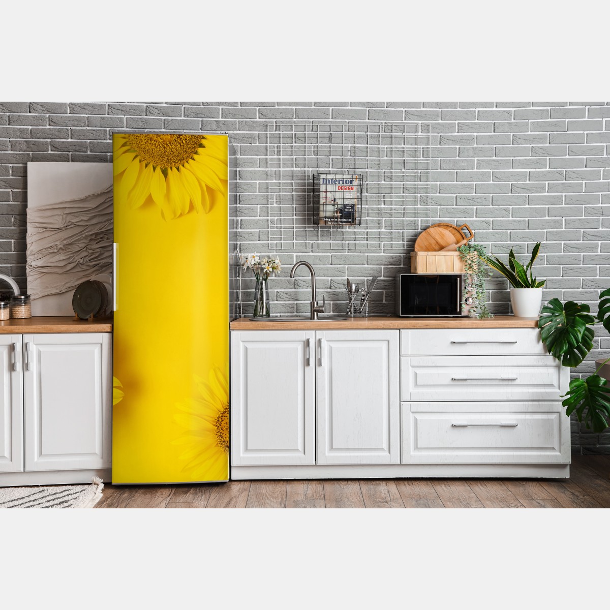 Naklejka na lodówkę trio słoneczników na żółtym tle – Wallissimo® Naklejka na lodówkę trio słoneczników na żółtym tle – Wallissimo®