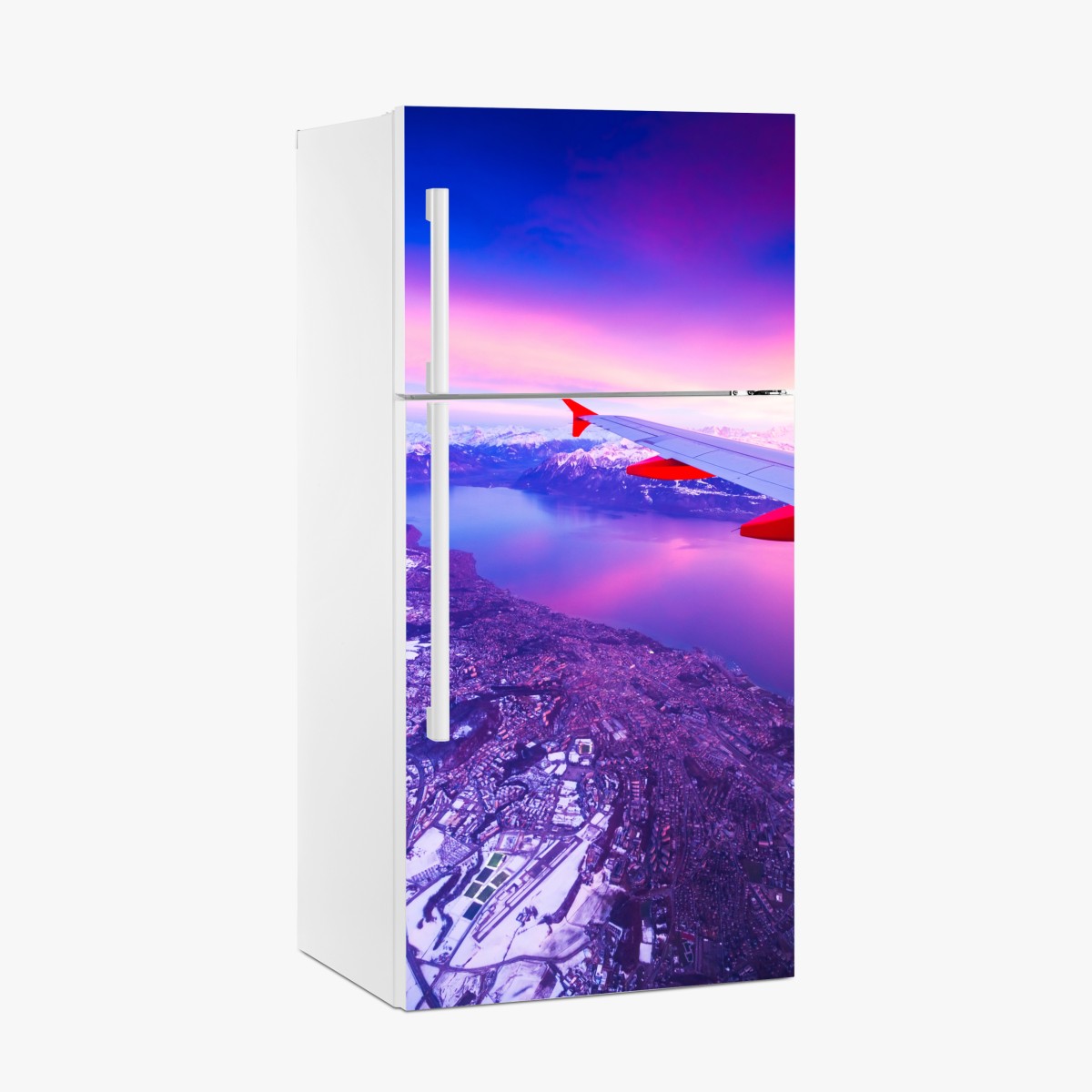 Fridge sticker aerial cityscape above lake at sunset – Wallissimo®
