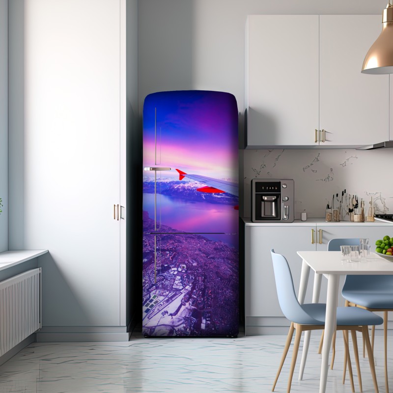 Naklejka na lodówkę panorama miasta nad jeziorem z lotu ptaka o zachodzie – Wallissimo® Naklejka na lodówkę panorama miasta nad jeziorem z lotu ptaka o zachodzie – Wallissimo®