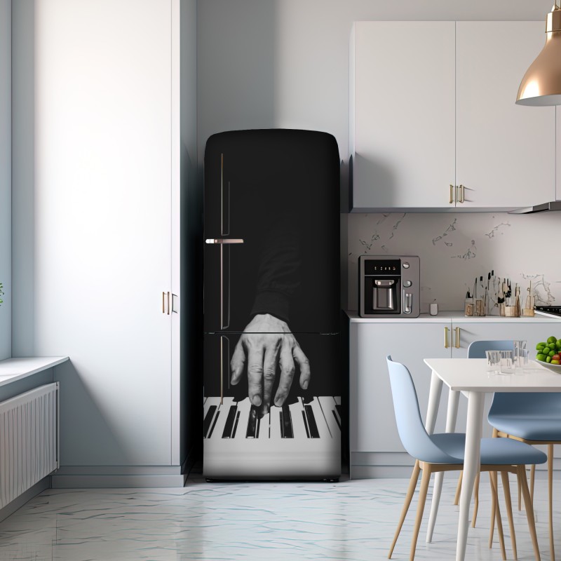 Naklejka na lodówkę monochromatyczne zbliżenie ręki przy pianinie – Wallissimo® Naklejka na lodówkę monochromatyczne zbliżenie ręki przy pianinie – Wallissimo®
