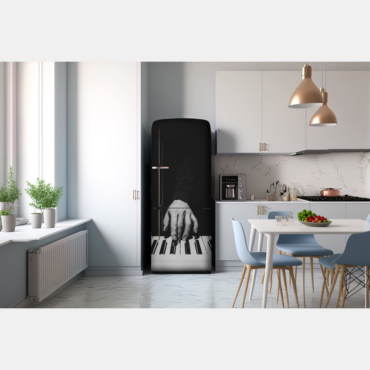 Naklejka na lodówkę monochromatyczne zbliżenie ręki przy pianinie – Wallissimo® Naklejka na lodówkę monochromatyczne zbliżenie ręki przy pianinie – Wallissimo®