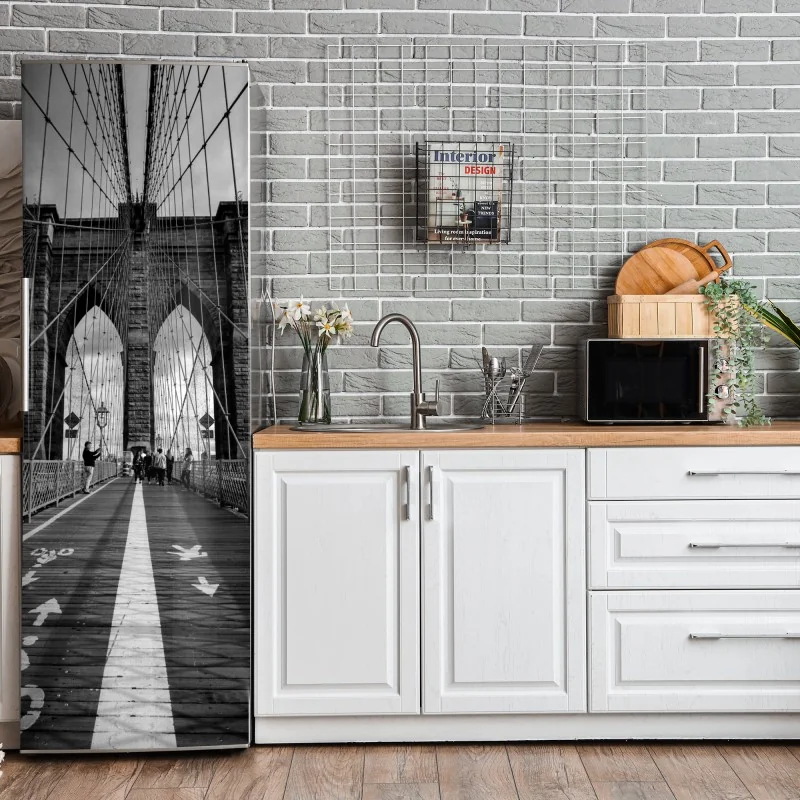 Naklejka na lodówkę odważna geometryczna elewacja w pomarańczy i turkusie – Wallissimo®