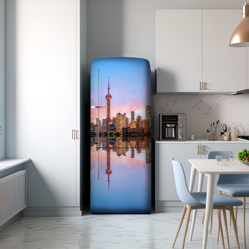 Naklejka na lodówkę Szanghaj o wschodzie słońca – Wallissimo® Naklejka na lodówkę Szanghaj o wschodzie słońca – Wallissimo®