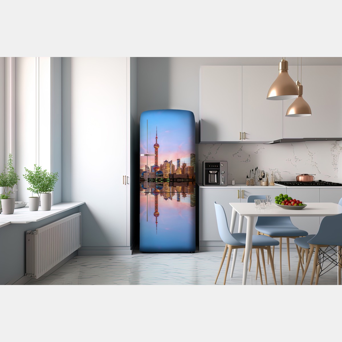 Naklejka na lodówkę Szanghaj o wschodzie słońca – Wallissimo® Naklejka na lodówkę Szanghaj o wschodzie słońca – Wallissimo®