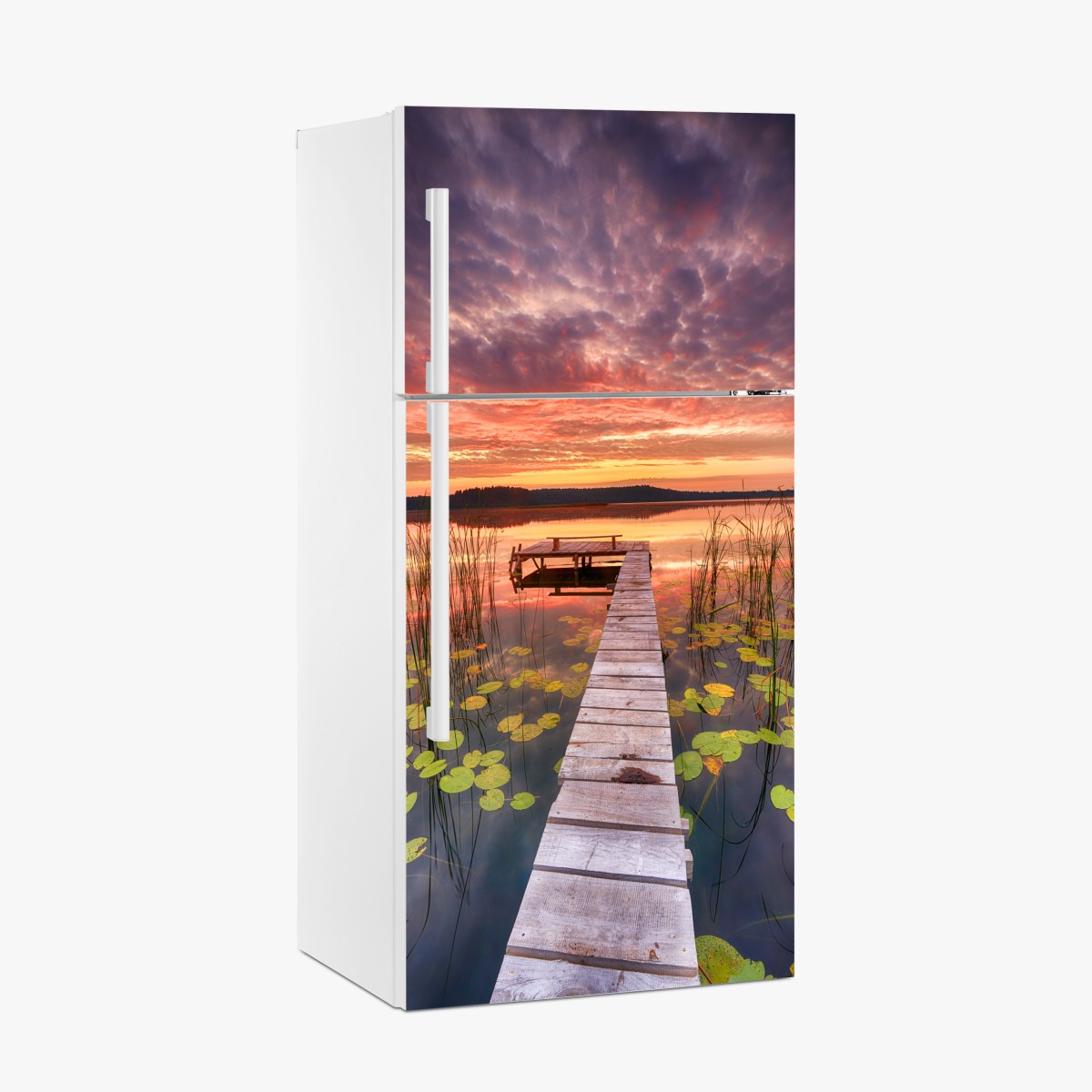 Fridge sticker sunrise over a tranquil lake pier – Wallissimo®