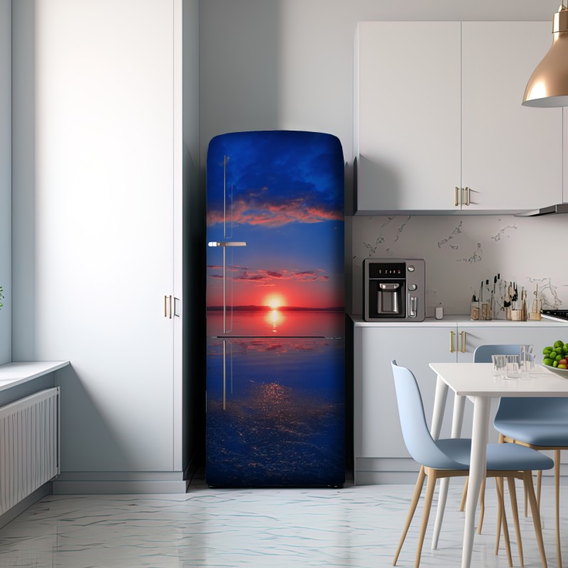 Naklejka na lodówkę zachód słońca nad spokojnym morzem z żywym odbiciem – Wallissimo® Naklejka na lodówkę zachód słońca nad spokojnym morzem z żywym odbiciem – Wallissimo®