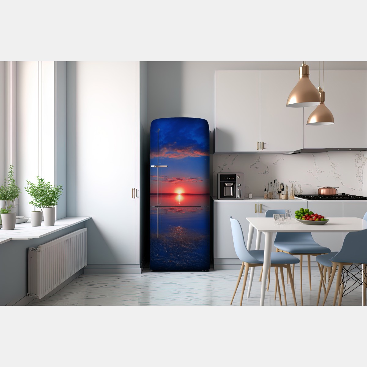 Naklejka na lodówkę zachód słońca nad spokojnym morzem z żywym odbiciem – Wallissimo® Naklejka na lodówkę zachód słońca nad spokojnym morzem z żywym odbiciem – Wallissimo®