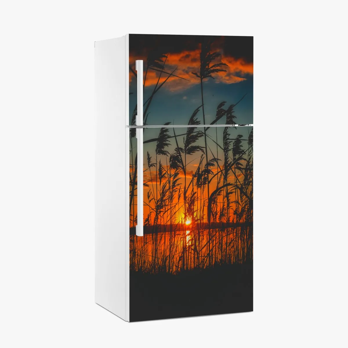 Naklejka na lodówkę zachód słońca nad jeziorem z sitowiem w sylwecie – Wallissimo® Naklejka na lodówkę zachód słońca nad jeziorem z sitowiem w sylwecie – Wallissimo®