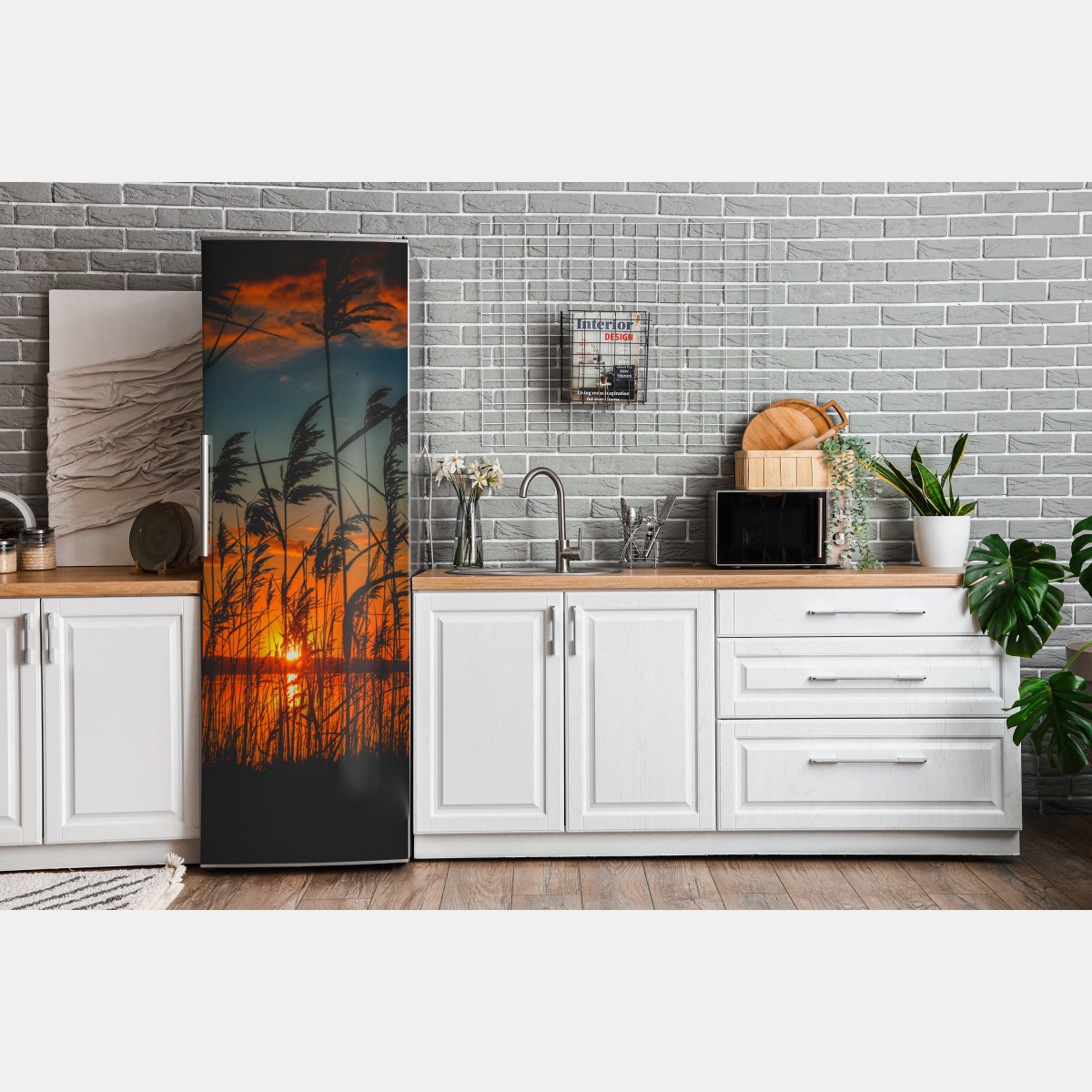 Naklejka na lodówkę zachód słońca nad jeziorem z sitowiem w sylwecie – Wallissimo® Naklejka na lodówkę zachód słońca nad jeziorem z sitowiem w sylwecie – Wallissimo®
