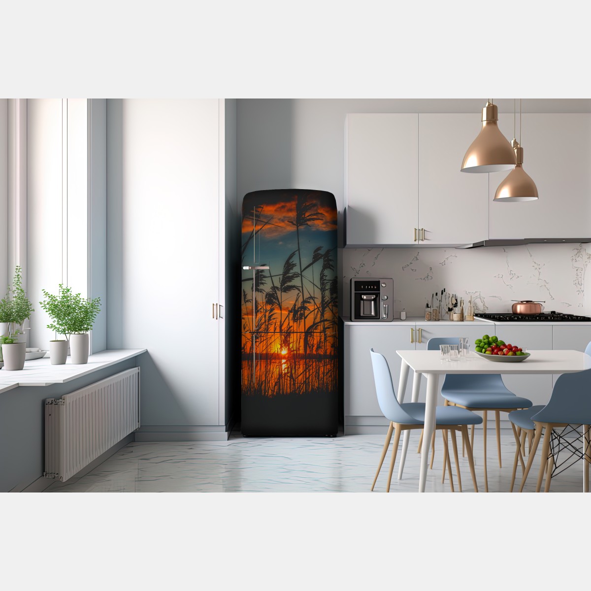 Naklejka na lodówkę zachód słońca nad jeziorem z sitowiem w sylwecie – Wallissimo® Naklejka na lodówkę zachód słońca nad jeziorem z sitowiem w sylwecie – Wallissimo®