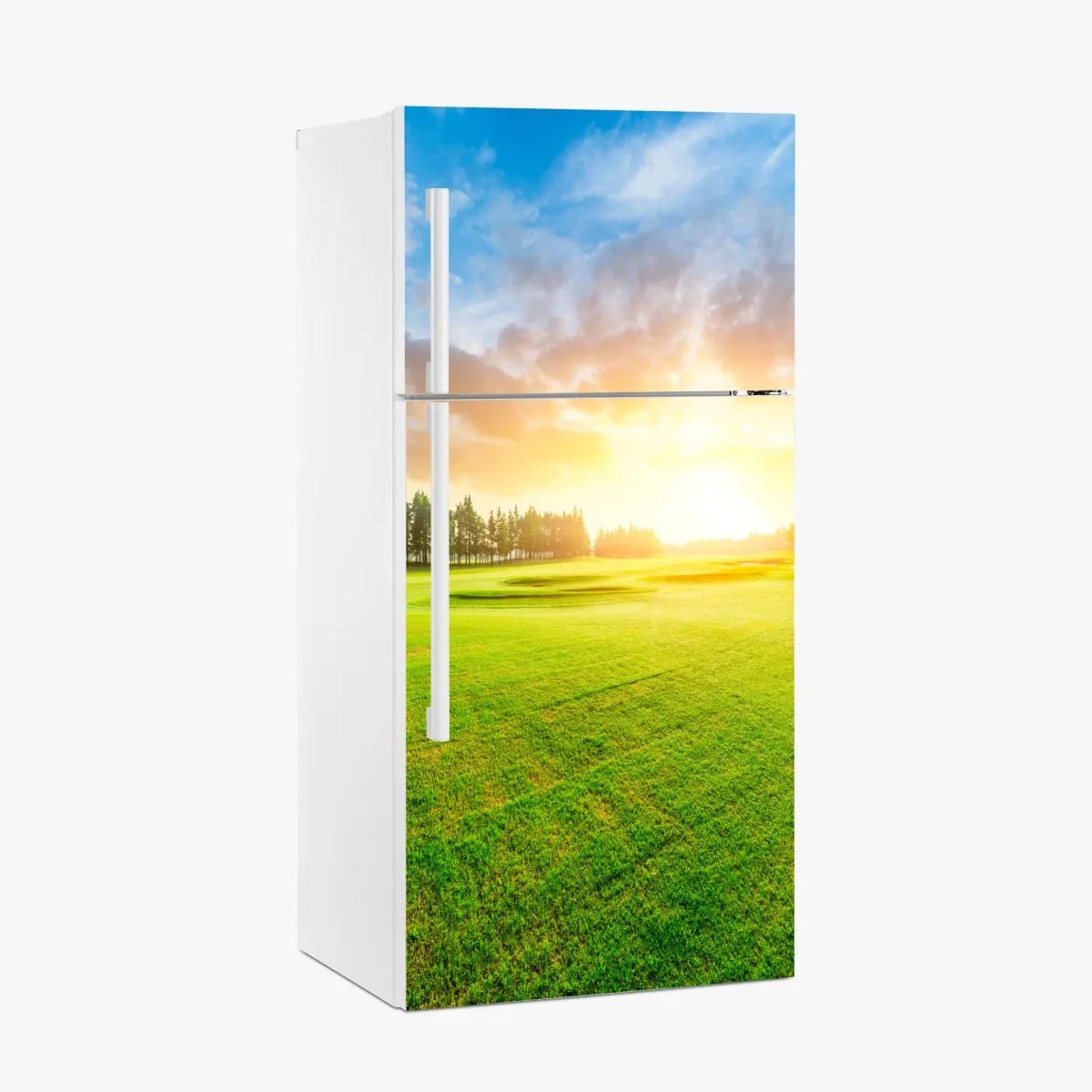Naklejka na lodówkę słoneczna łąka i las o wschodzie słońca – Wallissimo® Naklejka na lodówkę słoneczna łąka i las o wschodzie słońca – Wallissimo®