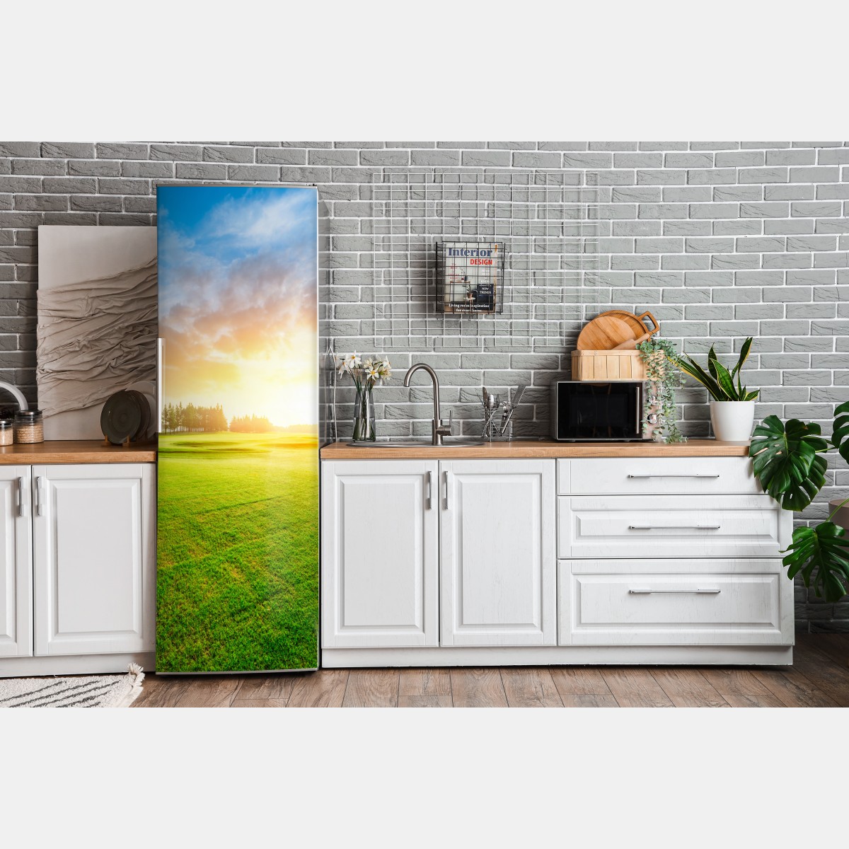 Naklejka na lodówkę słoneczna łąka i las o wschodzie słońca – Wallissimo® Naklejka na lodówkę słoneczna łąka i las o wschodzie słońca – Wallissimo®