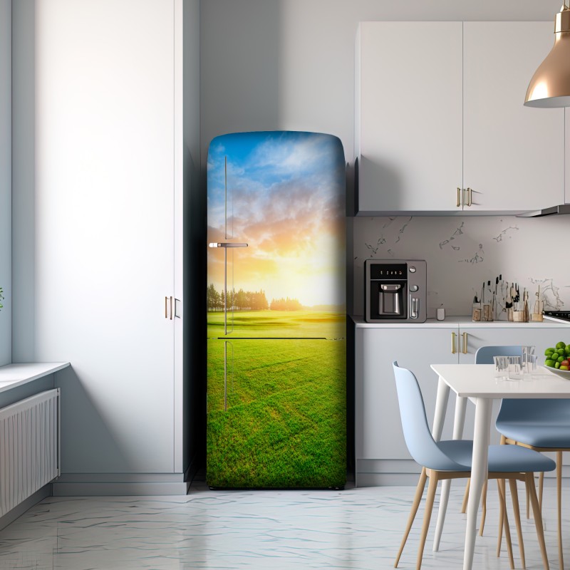 Naklejka na lodówkę słoneczna łąka i las o wschodzie słońca – Wallissimo® Naklejka na lodówkę słoneczna łąka i las o wschodzie słońca – Wallissimo®