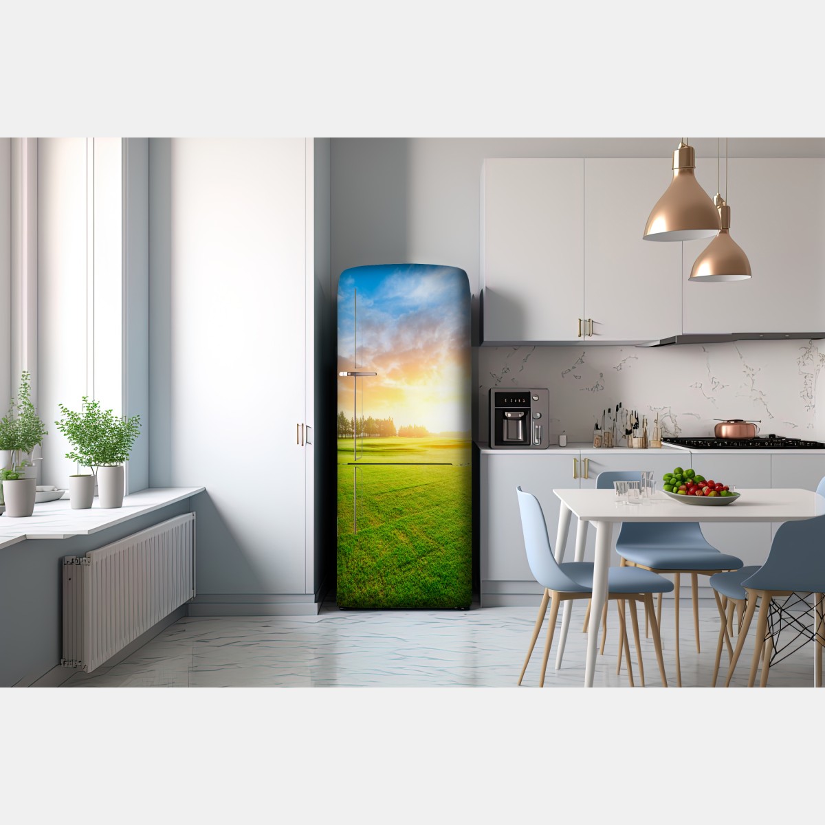 Naklejka na lodówkę słoneczna łąka i las o wschodzie słońca – Wallissimo® Naklejka na lodówkę słoneczna łąka i las o wschodzie słońca – Wallissimo®