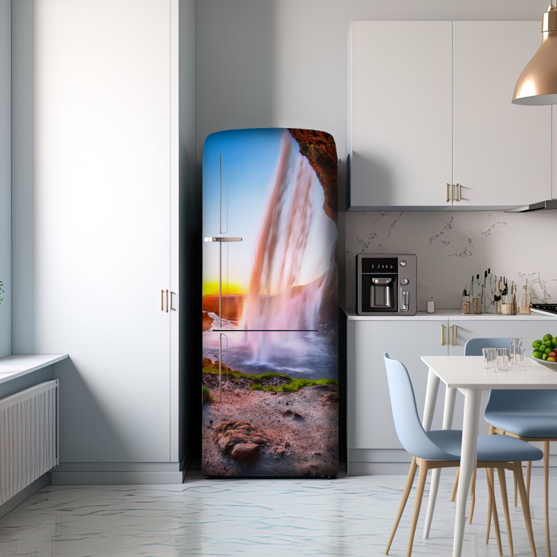 Naklejka na lodówkę Seljalandsfoss wodospad o zachodzie słońca – Wallissimo® Naklejka na lodówkę Seljalandsfoss wodospad o zachodzie słońca – Wallissimo®
