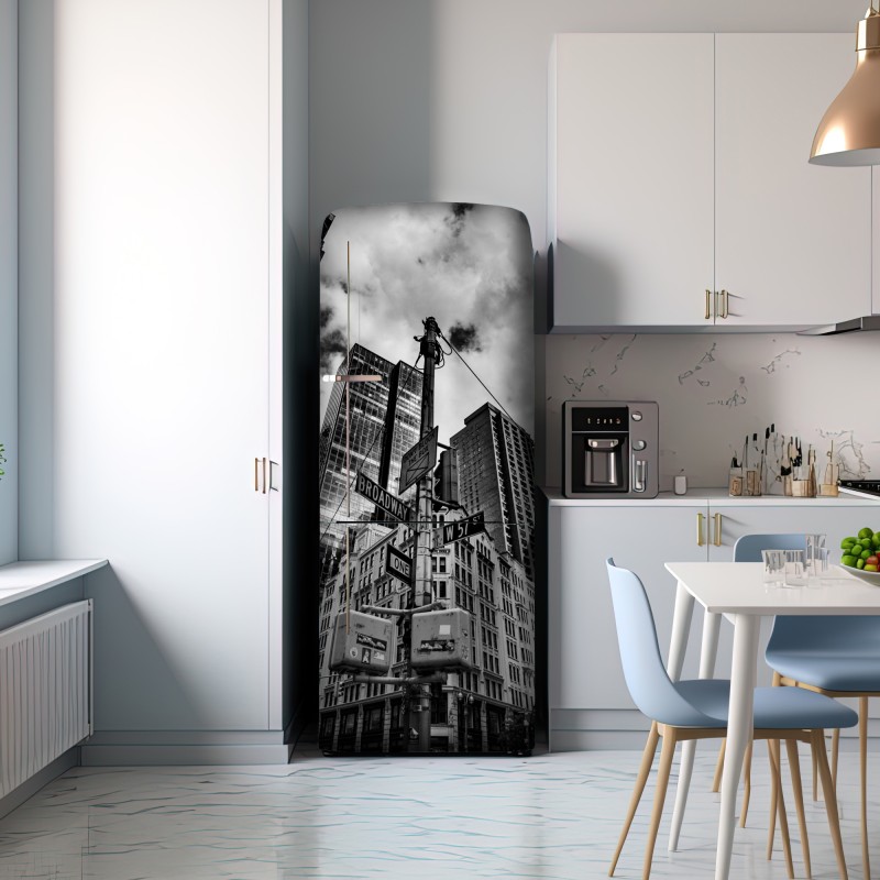 Naklejka na lodówkę Broadway i W 57 St — miejska panorama w czerni i bieli – Wallissimo® Naklejka na lodówkę Broadway i W 57 St — miejska panorama w czerni i bieli – Wallissimo®