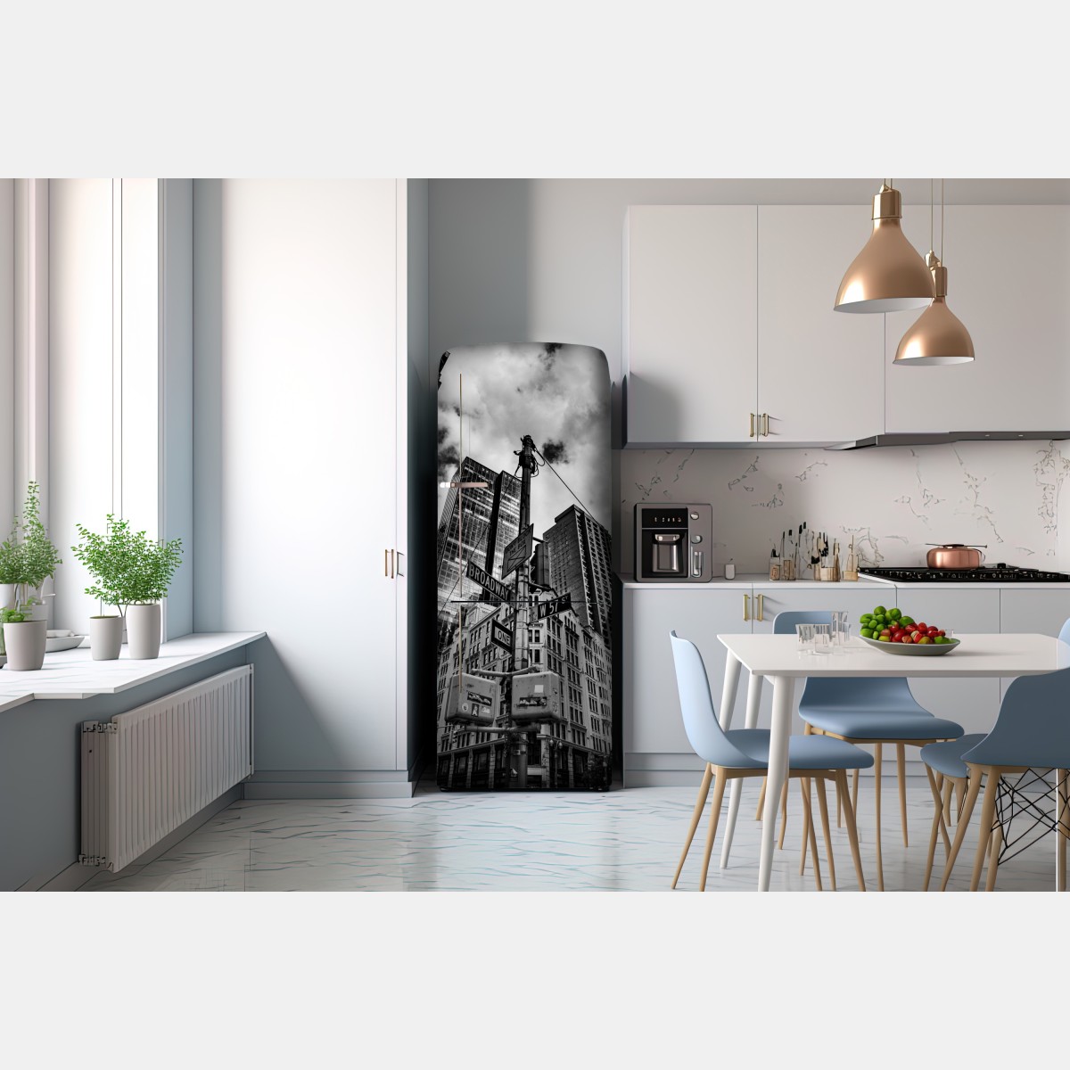 Naklejka na lodówkę Broadway i W 57 St — miejska panorama w czerni i bieli – Wallissimo® Naklejka na lodówkę Broadway i W 57 St — miejska panorama w czerni i bieli – Wallissimo®