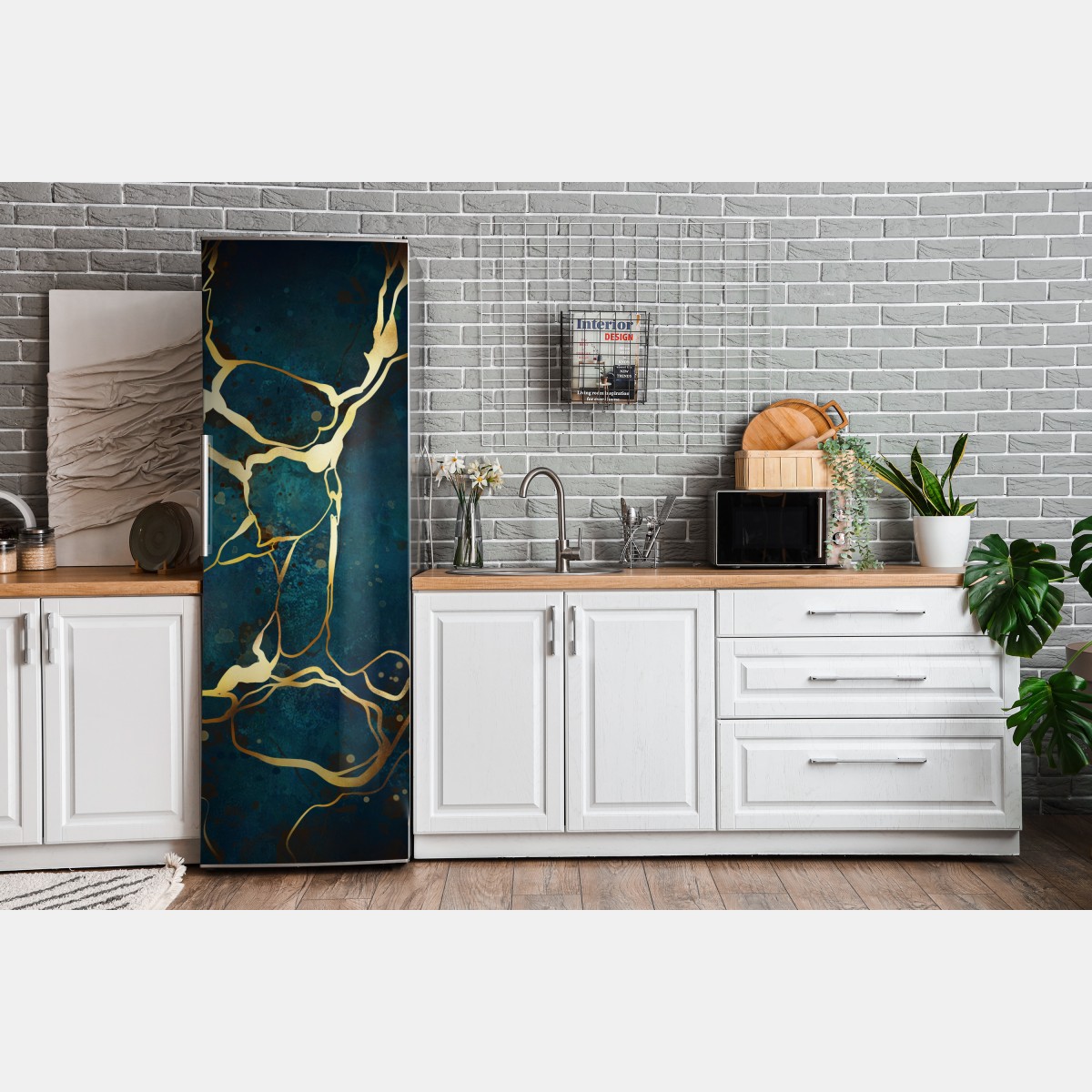Naklejka na lodówkę turkusowo-złota abstrakcja ze złotymi żyłami – Wallissimo® Naklejka na lodówkę turkusowo-złota abstrakcja ze złotymi żyłami – Wallissimo®