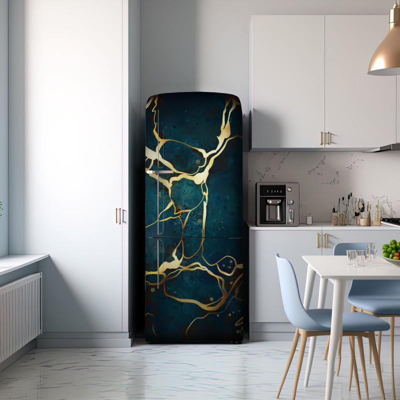 Naklejka na lodówkę turkusowo-złota abstrakcja ze złotymi żyłami – Wallissimo® Naklejka na lodówkę turkusowo-złota abstrakcja ze złotymi żyłami – Wallissimo®