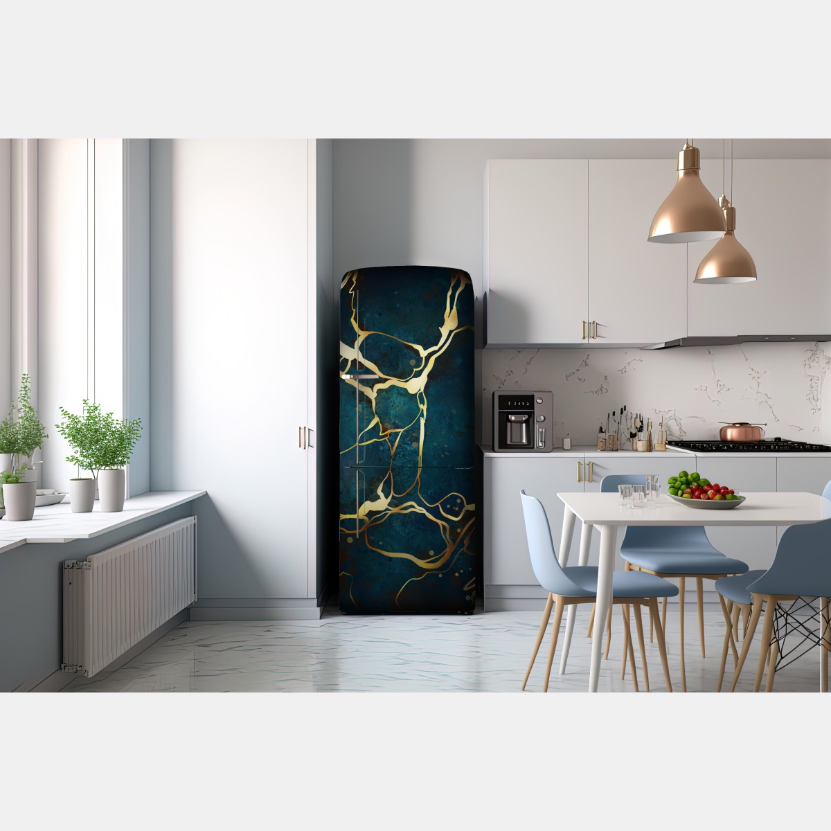 Naklejka na lodówkę turkusowo-złota abstrakcja ze złotymi żyłami – Wallissimo® Naklejka na lodówkę turkusowo-złota abstrakcja ze złotymi żyłami – Wallissimo®
