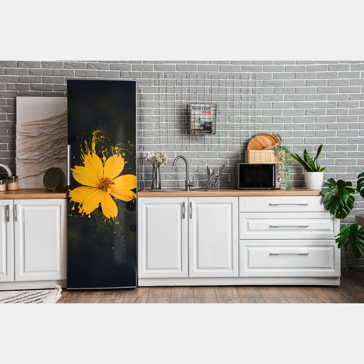 Naklejka na lodówkę intensywny żółty kwiat na ciemnym tle – Wallissimo® Naklejka na lodówkę intensywny żółty kwiat na ciemnym tle – Wallissimo®
