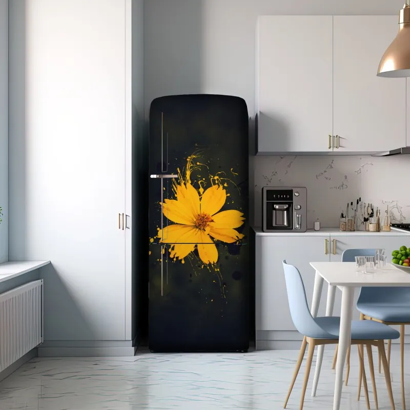 Naklejka na lodówkę intensywny żółty kwiat na ciemnym tle – Wallissimo® Naklejka na lodówkę intensywny żółty kwiat na ciemnym tle – Wallissimo®