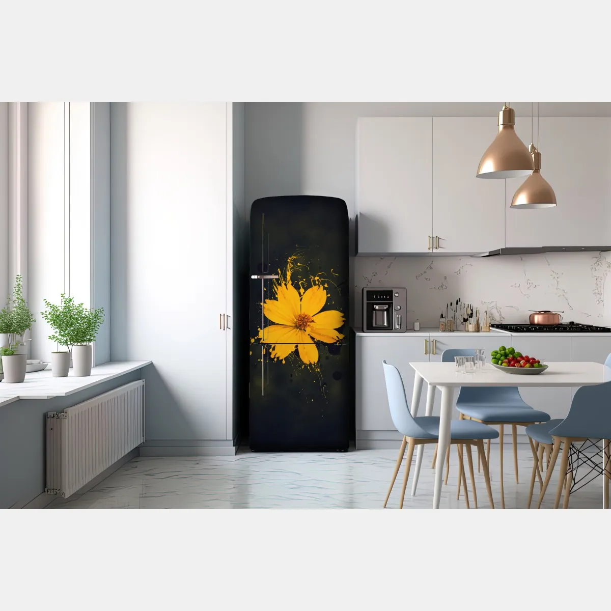 Naklejka na lodówkę intensywny żółty kwiat na ciemnym tle – Wallissimo® Naklejka na lodówkę intensywny żółty kwiat na ciemnym tle – Wallissimo®