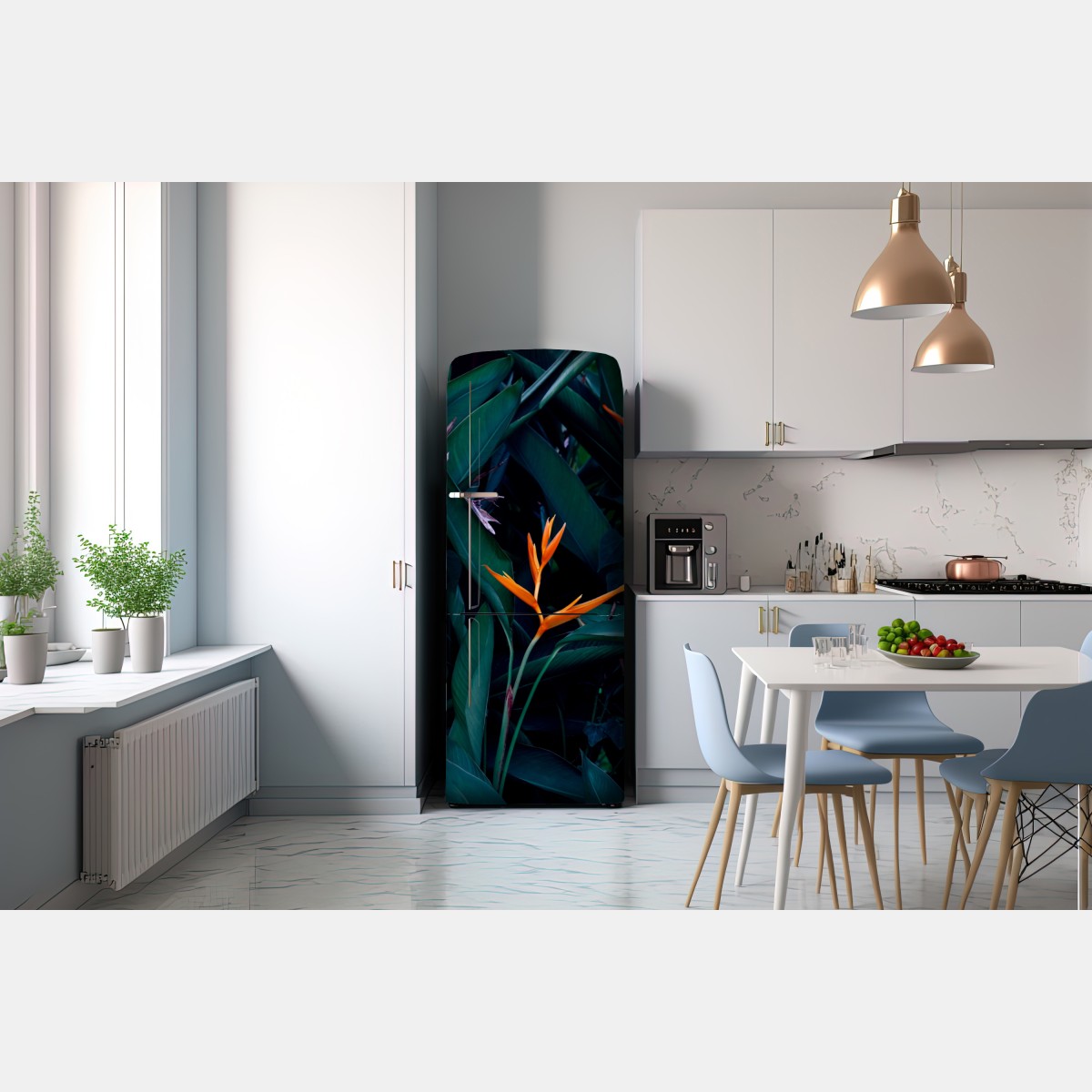 Naklejka na lodówkę żywa strelicja na tle ciemnozielonych liści – Wallissimo® Naklejka na lodówkę żywa strelicja na tle ciemnozielonych liści – Wallissimo®