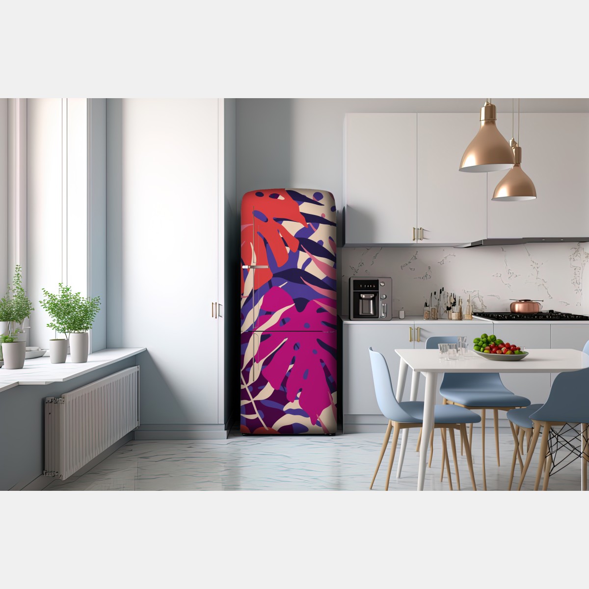 Naklejka na lodówkę pastelowy tropikalny wzór liści – Wallissimo® Naklejka na lodówkę pastelowy tropikalny wzór liści – Wallissimo®