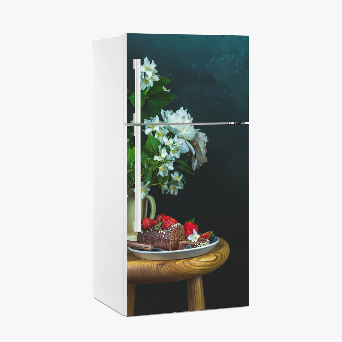 Fridge sticker chocolate roll with fresh strawberries and white flowers – Wallissimo®