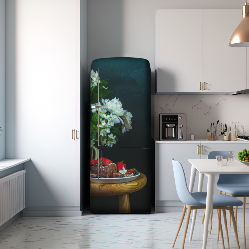 Naklejka na lodówkę rolada czekoladowa z truskawkami i białymi kwiatami – Wallissimo® Naklejka na lodówkę rolada czekoladowa z truskawkami i białymi kwiatami – Wallissimo®