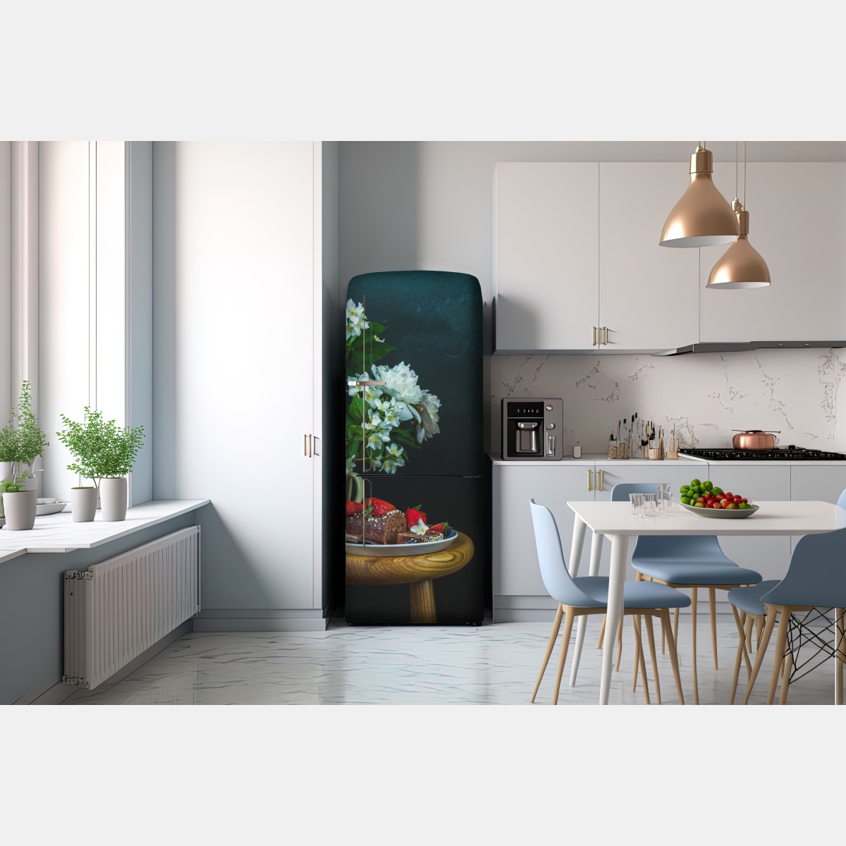 Naklejka na lodówkę rolada czekoladowa z truskawkami i białymi kwiatami – Wallissimo® Naklejka na lodówkę rolada czekoladowa z truskawkami i białymi kwiatami – Wallissimo®