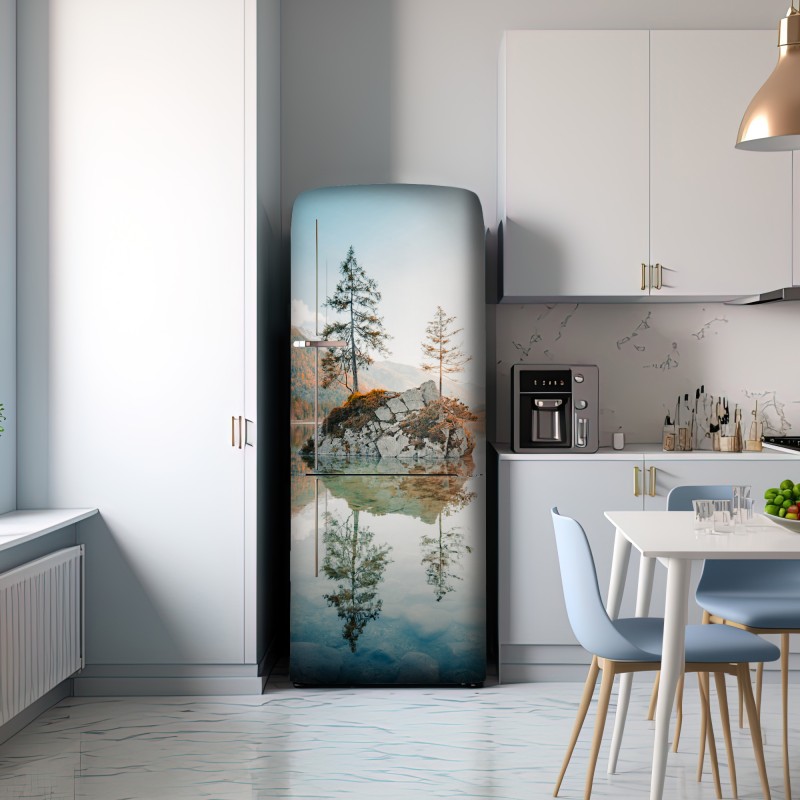 Naklejka na lodówkę słoneczna skalna wyspa nad jeziorem Hintersee – Wallissimo® Naklejka na lodówkę słoneczna skalna wyspa nad jeziorem Hintersee – Wallissimo®