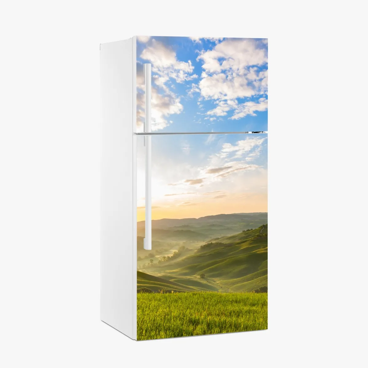 Naklejka na lodówkę wschód słońca nad mglistymi pagórkami – Wallissimo® Naklejka na lodówkę wschód słońca nad mglistymi pagórkami – Wallissimo®