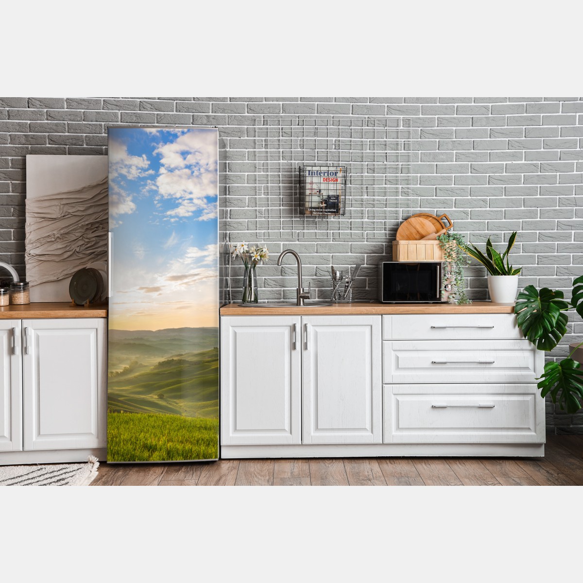 Naklejka na lodówkę wschód słońca nad mglistymi pagórkami – Wallissimo® Naklejka na lodówkę wschód słońca nad mglistymi pagórkami – Wallissimo®