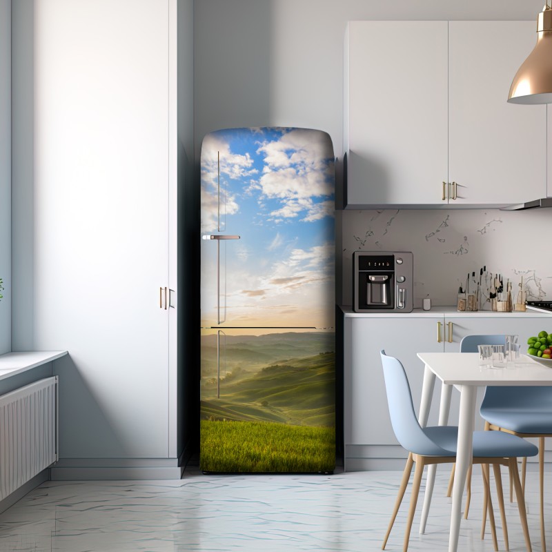 Naklejka na lodówkę wschód słońca nad mglistymi pagórkami – Wallissimo® Naklejka na lodówkę wschód słońca nad mglistymi pagórkami – Wallissimo®