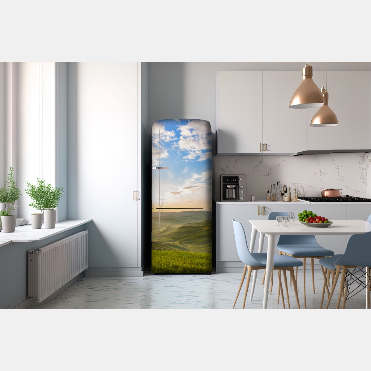 Naklejka na lodówkę wschód słońca nad mglistymi pagórkami – Wallissimo® Naklejka na lodówkę wschód słońca nad mglistymi pagórkami – Wallissimo®