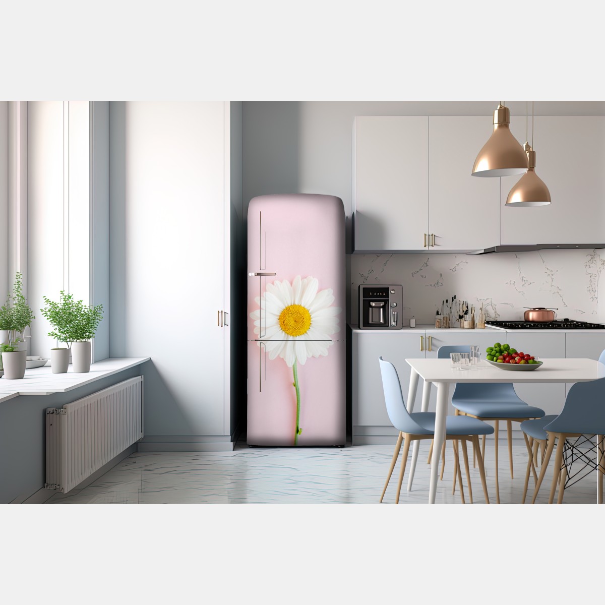 Naklejka na lodówkę biała stokrotka na pastelowym różowym tle – Wallissimo® Naklejka na lodówkę biała stokrotka na pastelowym różowym tle – Wallissimo®