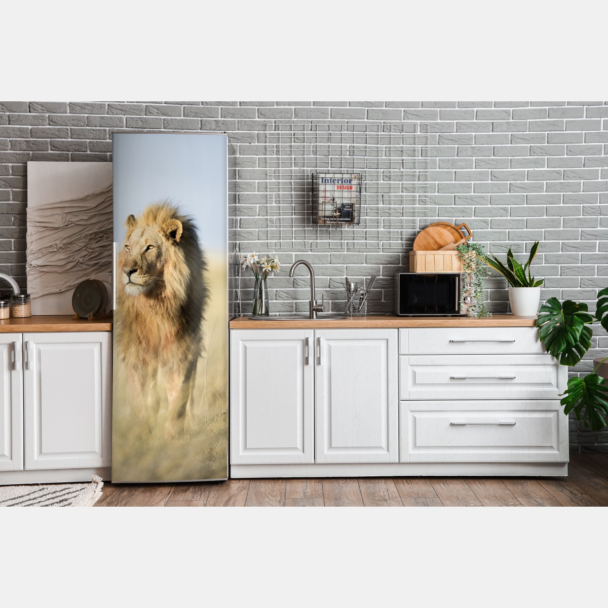 Naklejka na lodówkę majestatyczny lew na sawannie – Wallissimo® Naklejka na lodówkę majestatyczny lew na sawannie – Wallissimo®