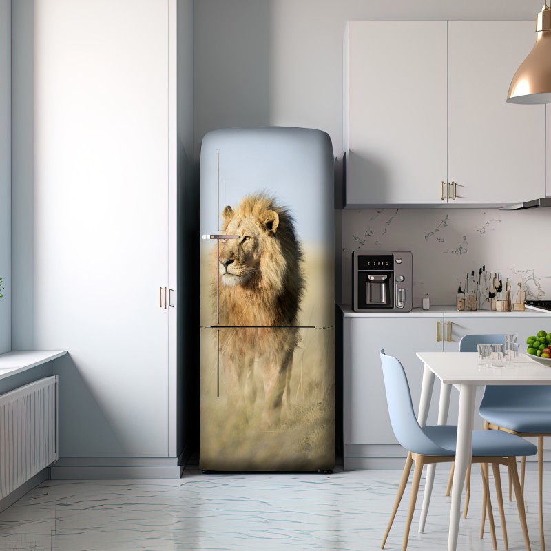 Naklejka na lodówkę majestatyczny lew na sawannie – Wallissimo® Naklejka na lodówkę majestatyczny lew na sawannie – Wallissimo®