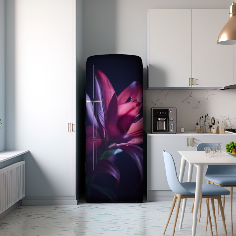 Naklejka na lodówkę czerwona lilia w półmroku – Wallissimo® Naklejka na lodówkę czerwona lilia w półmroku – Wallissimo®