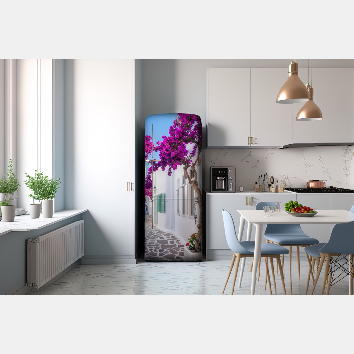 Naklejka na lodówkę słoneczna śródziemnomorska uliczka z bugenwillą – Wallissimo® Naklejka na lodówkę słoneczna śródziemnomorska uliczka z bugenwillą – Wallissimo®